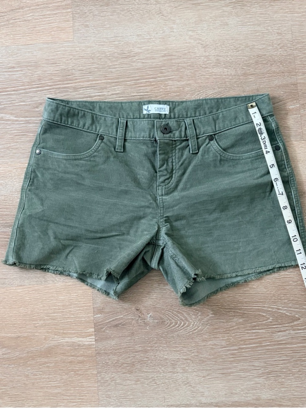 Carve Designs Olive Green Frayed Hem Denim Shorts - Picture 5 of 10